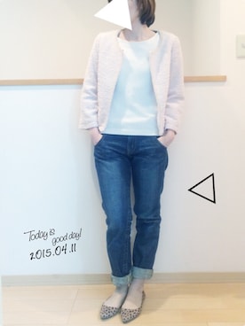 「白トップス」｜「アイテム（ノーカラージャケット）」を使った、ケイティさん（レディース・157cm）の春コーディネート