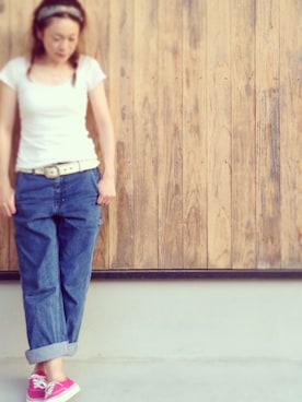 「UNIQLO（ユニクロ）のアイテム（Tシャツ/カットソー、ホワイト系）」を使った、akaneさん（レディース・158cm）の夏コーディネート