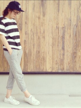 「Right-on（ライトオン）のアイテム（キャップ、ブルー系）」を使った、akaneさん（レディース・158cm）の夏コーディネート