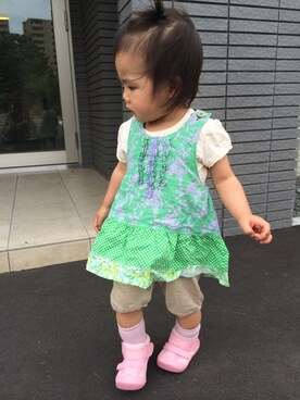 「アイテム（つなぎ/オールインワン、グリーン系）」を使った、RINRINさん（キッズ・80cm）の夏コーディネート