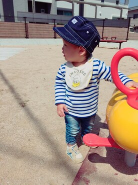 「petit main（プティマイン）のボートネックボーダー8分袖Ｔシャツ（Tシャツ/カットソー、ブルー系）」を使った、rinchanさん（キッズ・80cm）の春コーディネート