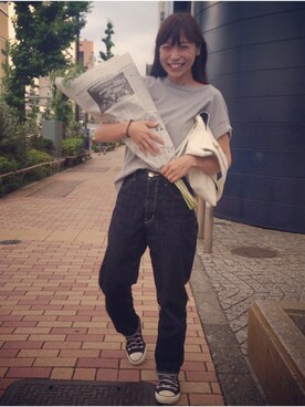 「ZARA（ザラ）のアイテム（Tシャツ/カットソー、グレー系）」を使った、miyashitaさん（レディース）の夏コーディネート