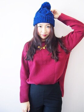 「red」｜「アイテム（ニットキャップ/ビーニー）」を使った、Cさん（レディース・163cm）の冬コーディネート