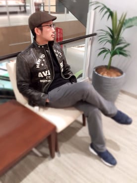 「スエット」｜「アイテム（ライダースジャケット）」を使った、Mr.tsuchiyaさん（メンズ・178cm）の冬コーディネート