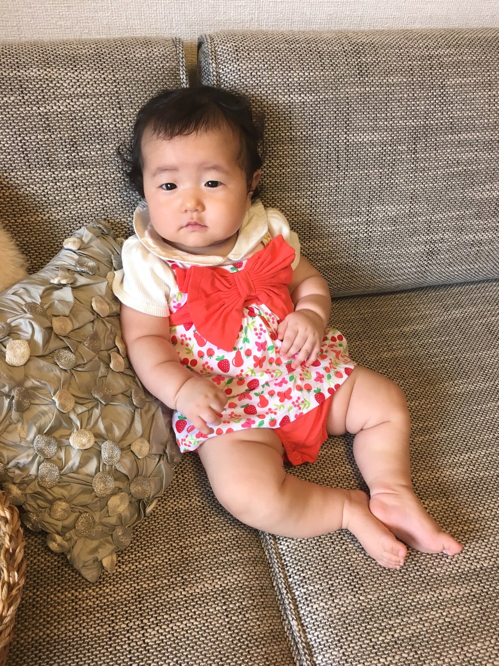 「ベビーコーデ、赤ちゃんコーデ、０歳、6ヶ月、夏コーデ」｜「頂き物♡のアイテム（ロンパース、オレンジ系）」を使った、Yu.Re.nさん（キッズ・70cm）の夏コーディネートの1枚目の写真