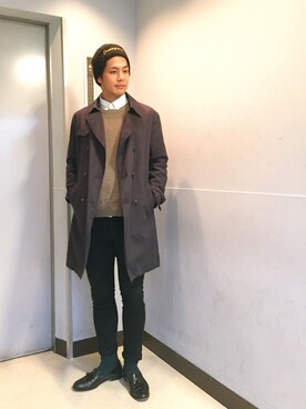 「TAKEO KIKUCHI（タケオキクチ）のアイテム（トレンチコート）」を使った、赤澤廉さん（メンズ・180cm）の秋コーディネート