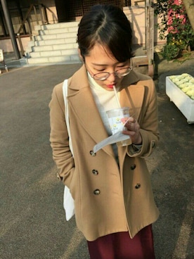 「ワインレッド」｜「アイテム（ピーコート）」を使った、TEDUAIさん（レディース・154cm）の秋コーディネート