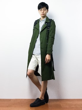 「アイテム（トレンチコート、グリーン系）」を使った、Yさん（メンズ・184cm）の夏コーディネート