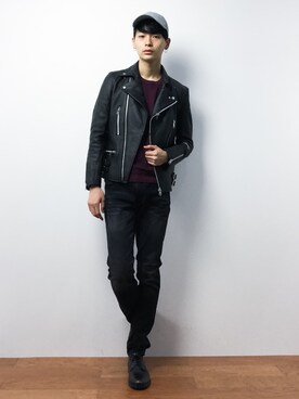 「アキコーデ」｜「アイテム（ライダースジャケット）」を使った、Yさん（メンズ・184cm）の秋コーディネート