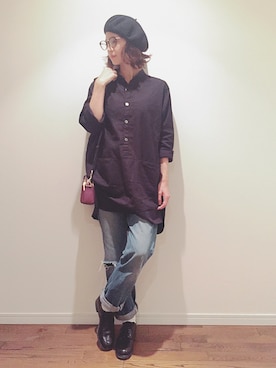 「くつした」｜「アイテム（ハンチング/ベレー帽）」を使った、安田美沙子さん（レディース・162cm）の秋コーディネート