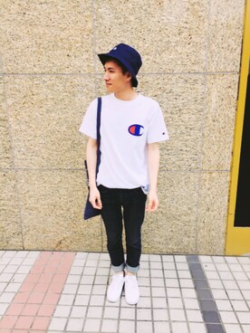 「Champion（チャンピオン）のビッグＣロゴ刺繍Ｔ　アクションスタイル／CHAMPION／チャンピオン／フラッシュリポート／ＦＬＡＳＨＲＥＰＯＲＴ（Tシャツ/カットソー、ホワイト系）」を使った、秋刀さん（メンズ・167cm）の夏コーディネート