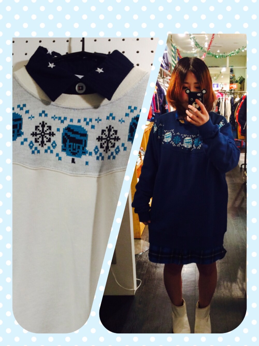 「Laundry、新作、雪柄、スウェット」｜「Laundryのアイテム（トップス、ブルー系）」を使った、まいちきさん（レディース・150cm）の秋コーディネートの1枚目の写真