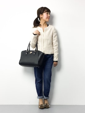 「FREE'S MART（フリーズマート）のアイテム（ノーカラージャケット）」を使った、内山陽菜さん（レディース・149cm）の冬コーディネート