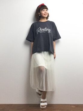 「niko and...（ニコアンド）のアメリカ綿ロゴワイドＴシャツ【niko and ...】（Tシャツ/カットソー）」を使った、内山陽菜さん（レディース・149cm）の春コーディネート