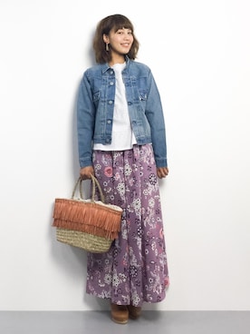 「エスニック」｜「アイテム（デニムジャケット）」を使った、内山陽菜さん（レディース・149cm）の春コーディネート