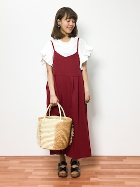 「179/WG（イチナナキュウダブルジー）のアイテム（サロペット/オーバーオール）」を使った、内山陽菜さん（レディース・149cm）の夏コーディネート