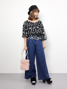 「黒×ピンク」｜「アイテム（サンダル）」を使った、内山陽菜さん（レディース・149cm）の秋コーディネート