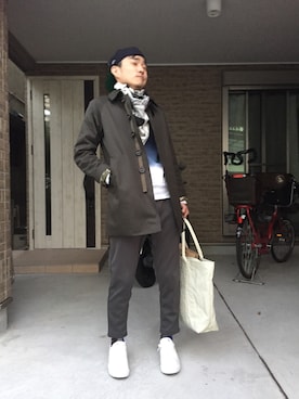 「COMME des GARCONS HOMME（コム デ ギャルソン・オム）のアイテム（ステンカラーコート）」を使った、tamuuさん（メンズ・174cm）の秋コーディネート