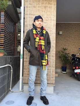 「COMME des GARCONS HOMME（コム デ ギャルソン・オム）のアイテム（ステンカラーコート）」を使った、tamuuさん（メンズ・174cm）の冬コーディネート