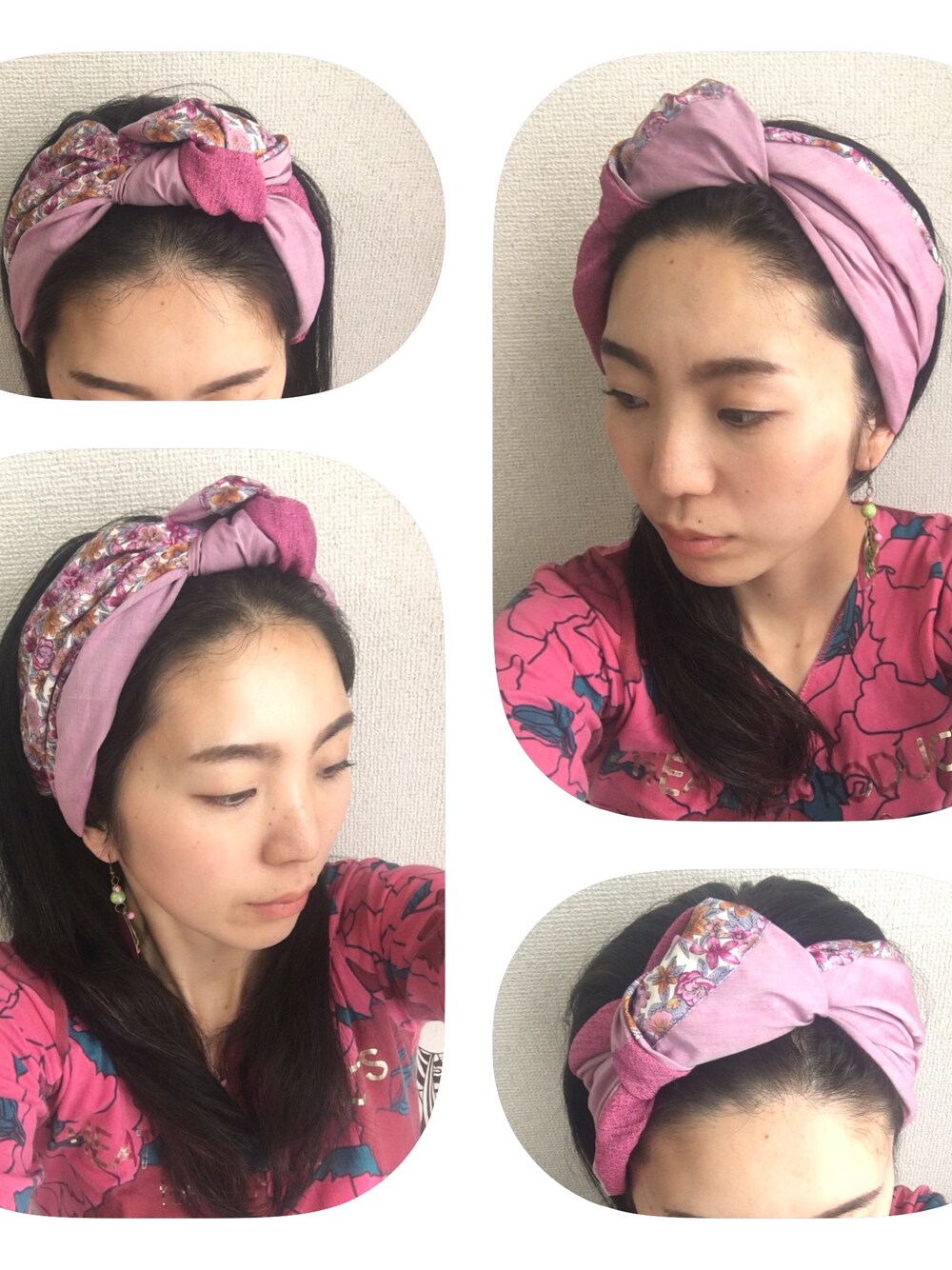 ピンク系のヘアバンドを着用したレディースの春コーディネートの1枚目の写真
