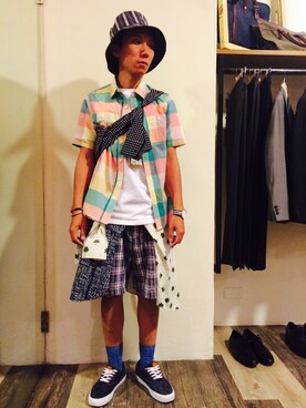 「アイテム（シューケア用品、ブルー系）」を使った、caperさん（メンズ・165cm）の夏コーディネート