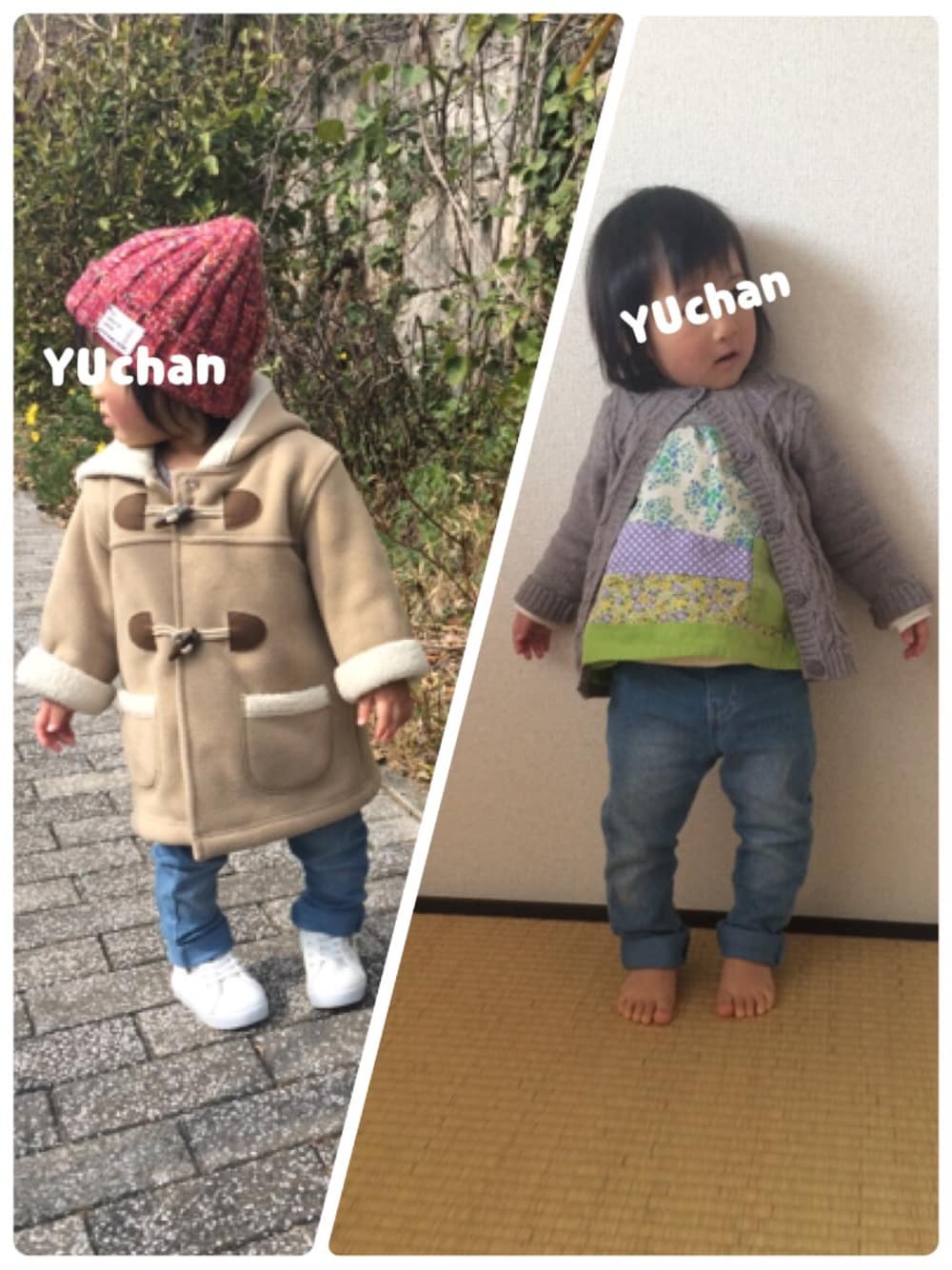 「白のスニーカー、ダッフルコート」｜「RAGMARTのアイテム（チュニック、グリーン系）」を使った、YUchanさん（キッズ・80cm）の冬コーディネートの1枚目の写真