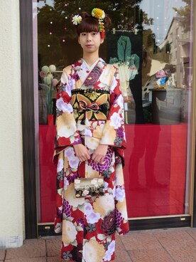 「アイテム（水着/着物・浴衣、レッド系）」を使った、ゆいさん（レディース・161cm）の冬コーディネート