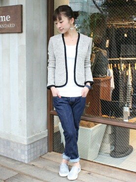 「JOURNAL STANDARD relume（ジャーナルスタンダード　レリューム）のアイテム（ノーカラージャケット）」を使った、Makkieさん（レディース・158cm）の春コーディネート