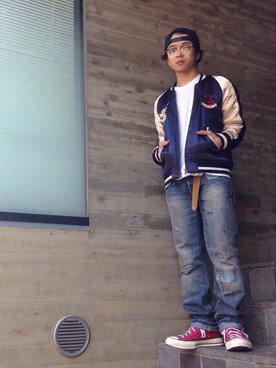 「glamb（グラム）のアイテム（ブルゾン）」を使った、佐藤貴龍さん（メンズ・156cm）の春コーディネート