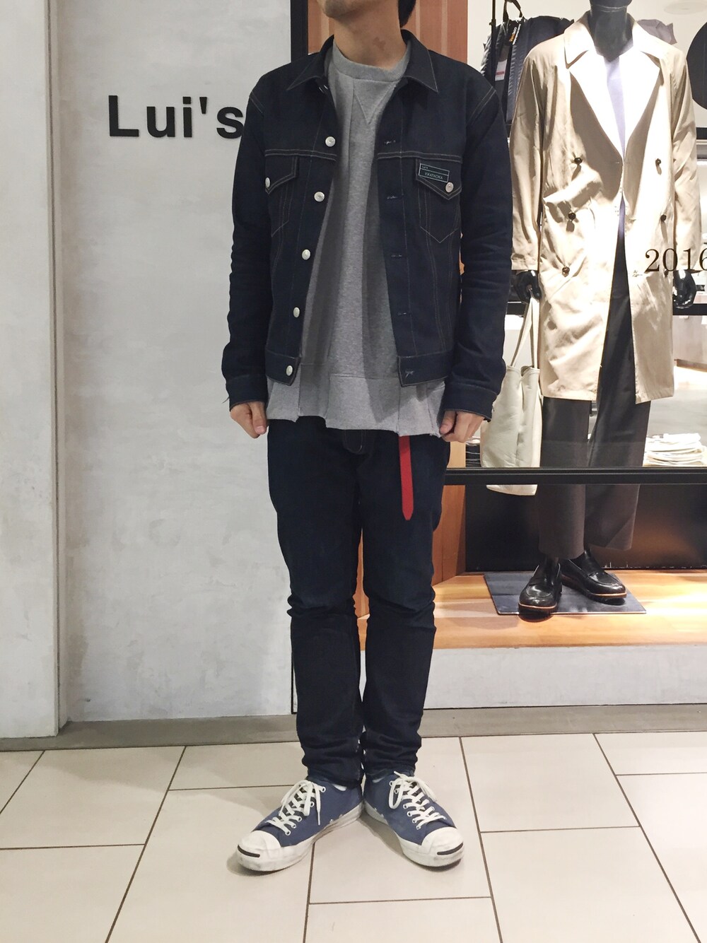 「春、デニム、デニムパンツ、Gジャン、セットアップ、スエット、スニーカー、シンプルコーデ、スキニーデニム」｜「Lui'sのlideal(リディアル) 別注リジッドGジャン（デニムジャケット、ブルー系）」を使った、yokaさん（メンズ・168cm）の春コーディネートの1枚目の写真