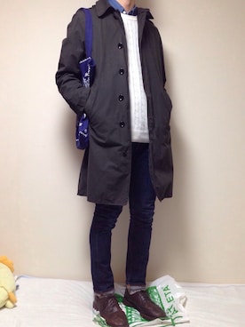 「カーキアウター」｜「アイテム（ステンカラーコート）」を使った、kenさん（メンズ・186cm）の冬コーディネート