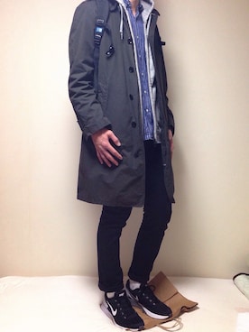「カーキアウター」｜「アイテム（ステンカラーコート）」を使った、kenさん（メンズ・186cm）の冬コーディネート