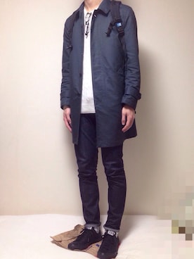 「黒縁メガネ」｜「アイテム（ステンカラーコート）」を使った、kenさん（メンズ・186cm）の春コーディネート