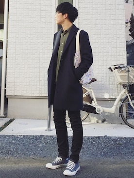 「YAECA」｜「アイテム（チェスターコート）」を使った、kenさん（メンズ・186cm）の冬コーディネート
