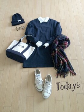 「シャツ×スウェット」｜「アイテム（ニットキャップ/ビーニー）」を使った、myuさん（レディース・152cm）の冬コーディネート