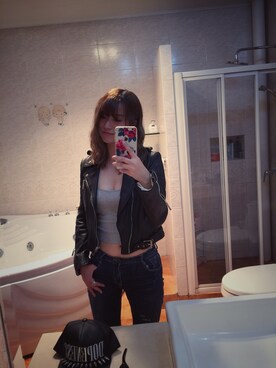 「MURUA（ムルーア）のアイテム（ライダースジャケット）」を使った、Ying Heさん（レディース・167cm）の秋コーディネート