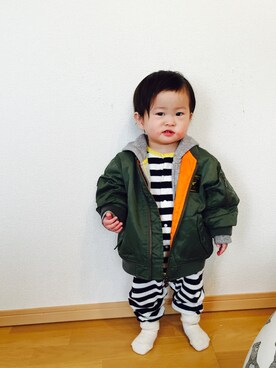 「アイテム（ロンパース、ブラック系）」を使った、RUCAさん（キッズ・70cm）の冬コーディネート