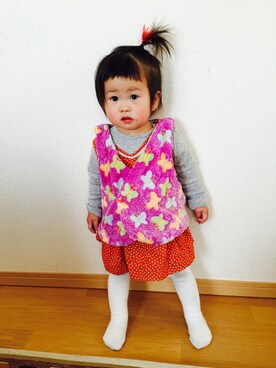 「アイテム（ベスト、パープル系）」を使った、RUCAさん（キッズ・70cm）の春コーディネート