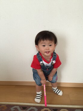 「ボーダーソックス」｜「アイテム（サロペット/オーバーオール）」を使った、RUCAさん（キッズ・70cm）の春コーディネート