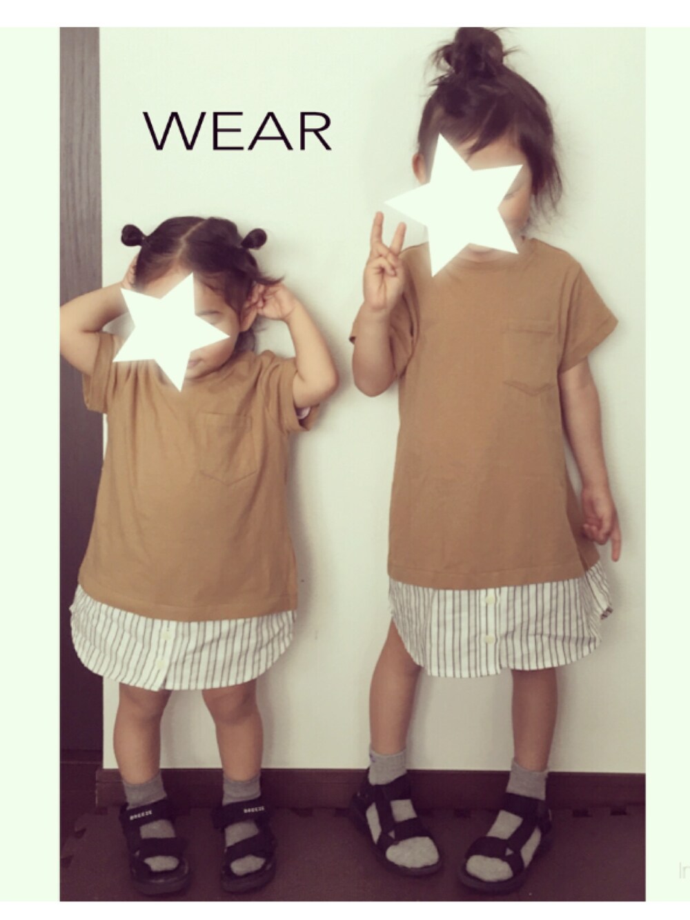 「kids、キッズファッション、女の子、ワンピース、スポーツサンダル、サンダルに靴下、ベージュ、ドラフトPM」｜「petit mainの裾ストライプ付きカットワンピース（ワンピース、ベージュ系）」を使った、mosomiii☺︎さん（キッズ・100cm）の春コーディネートの1枚目の写真