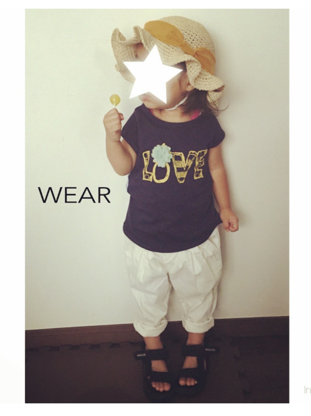 「kids、キッズファッション、女の子、スポーツサンダル、むぎわら帽子、白パンツ、プティマイン」｜「petit mainのタック入り無地パンツ（その他パンツ、ホワイト系）」を使った、mosomiii☺︎さん（キッズ・90cm）の夏コーディネートの1枚目の写真
