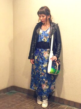 「あちゃちゅむ」｜「アイテム（ライダースジャケット）」を使った、laniさん（レディース・153cm）の春コーディネート