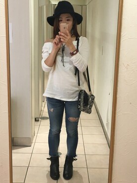 「Ungrid（アングリッド）のフレイドヘムストスリ（デニムパンツ）」を使った、り☆ささん（レディース・156cm）の夏コーディネート