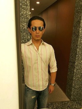 「BENETTONのアイテム（シャツ/ブラウス、ホワイト系）」を使った、Akinori Takashioさん（メンズ・174cm）の夏コーディネート
