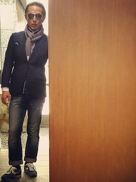 「_Zegna（_ゼニア）のアイテム（ストール/ショール、パープル系）」を使った、Akinori Takashioさん（メンズ・174cm）の秋コーディネート