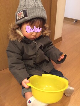 「西松屋（ニシマツヤ）のアイテム（モッズコート）」を使った、AOU・SOUさん（キッズ・80cm）の冬コーディネート
