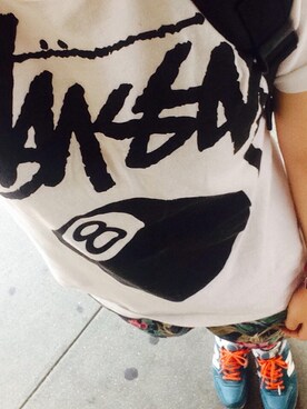 「Stussy Women（ステューシーウィメン）のBig 8Ball  Tシャツ（Tシャツ/カットソー、ホワイト系）」を使った、mina⍥✮さん（レディース・161cm）の夏コーディネート