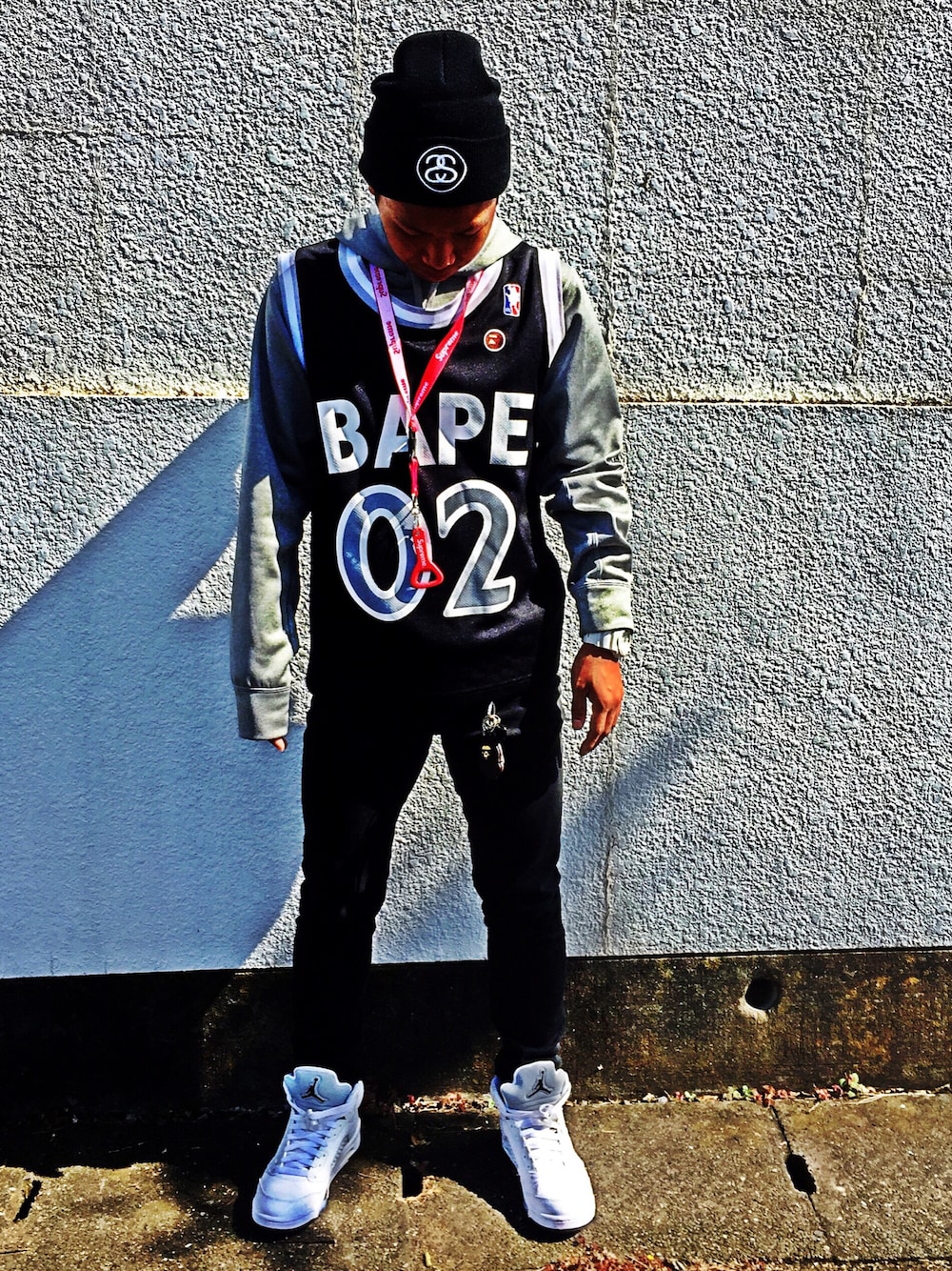 「ナイキ、NIKE、ニット帽、abathingape、supreme、ストリート」｜「STUSSYのアイテム（ハット、ブラック系）」を使った、かむかむレモンさん（メンズ・170cm）の秋コーディネートの1枚目の写真