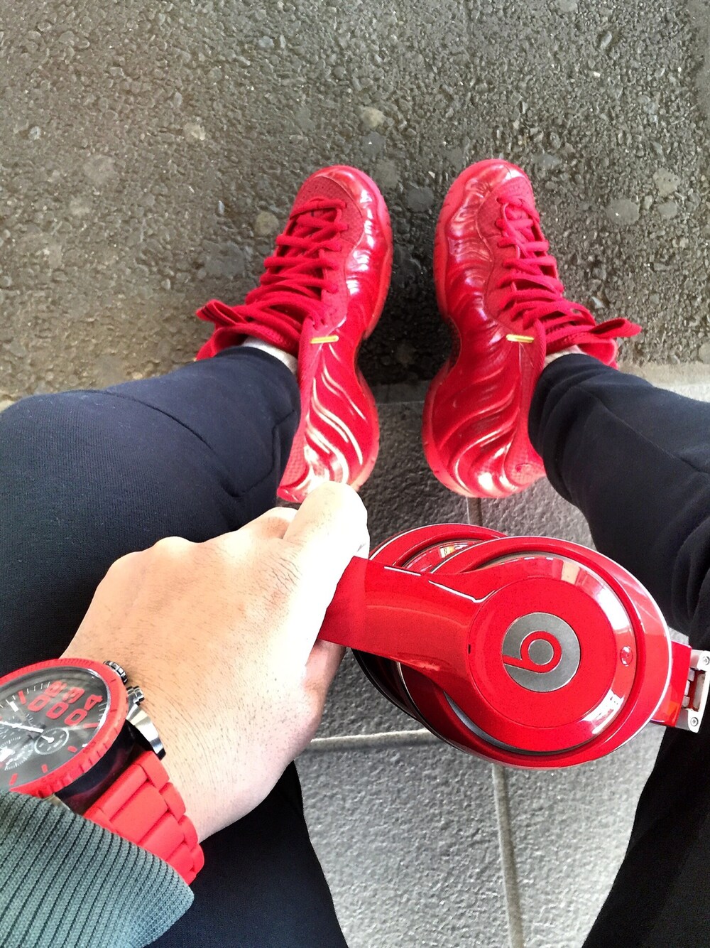 「NIKE、foamposite、posite、supreme、DlESEL、テックフリース、MA-1、THE NORTH FACE、abthingape、red」｜「NIKEのNIKE AIR FOAMPOSITE PRO(624041-603)GYM RED/GYM RED-BLACK【ナイキ エア フォームポジット プロ】 （スニーカー、レッド系）」を使った、かむかむレモンさん（メンズ・169cm）の冬コーディネートの1枚目の写真