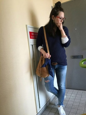 「Ungrid（アングリッド）のフレイドヘムストスリ（デニムパンツ）」を使った、＊:)ayaさん（レディース・160cm）の冬コーディネート